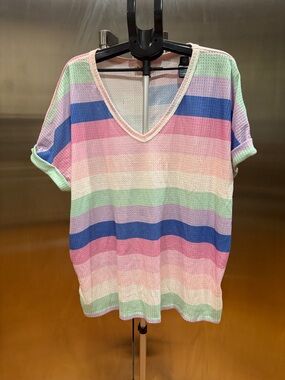 BiBi Pastel Rainbow Striped Short Sleeve V-Neck Tee - Pink, Blue, Mint, Lavender
